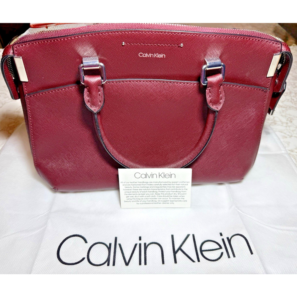 Calvin Klein Raelynn Saffiano Leather Satchel Merlot Red Top Zip Crossbody Purse